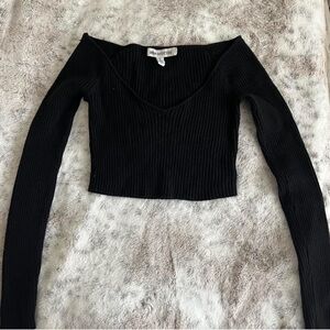 Urban Outfitters Black Ribbed cropped long sleeve sweater scoop v neck top Top